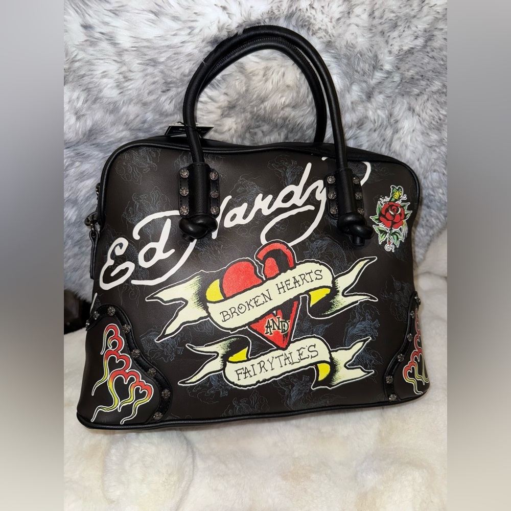 Ed Hardy Black and Red Satchel with BROKEN HEARTS & FAIRYTALES-Inspired Design